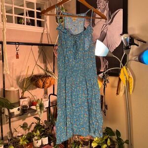 Mossimo Floral Sundress Women Large Blue Excellent Smocked Racerback Ruffle